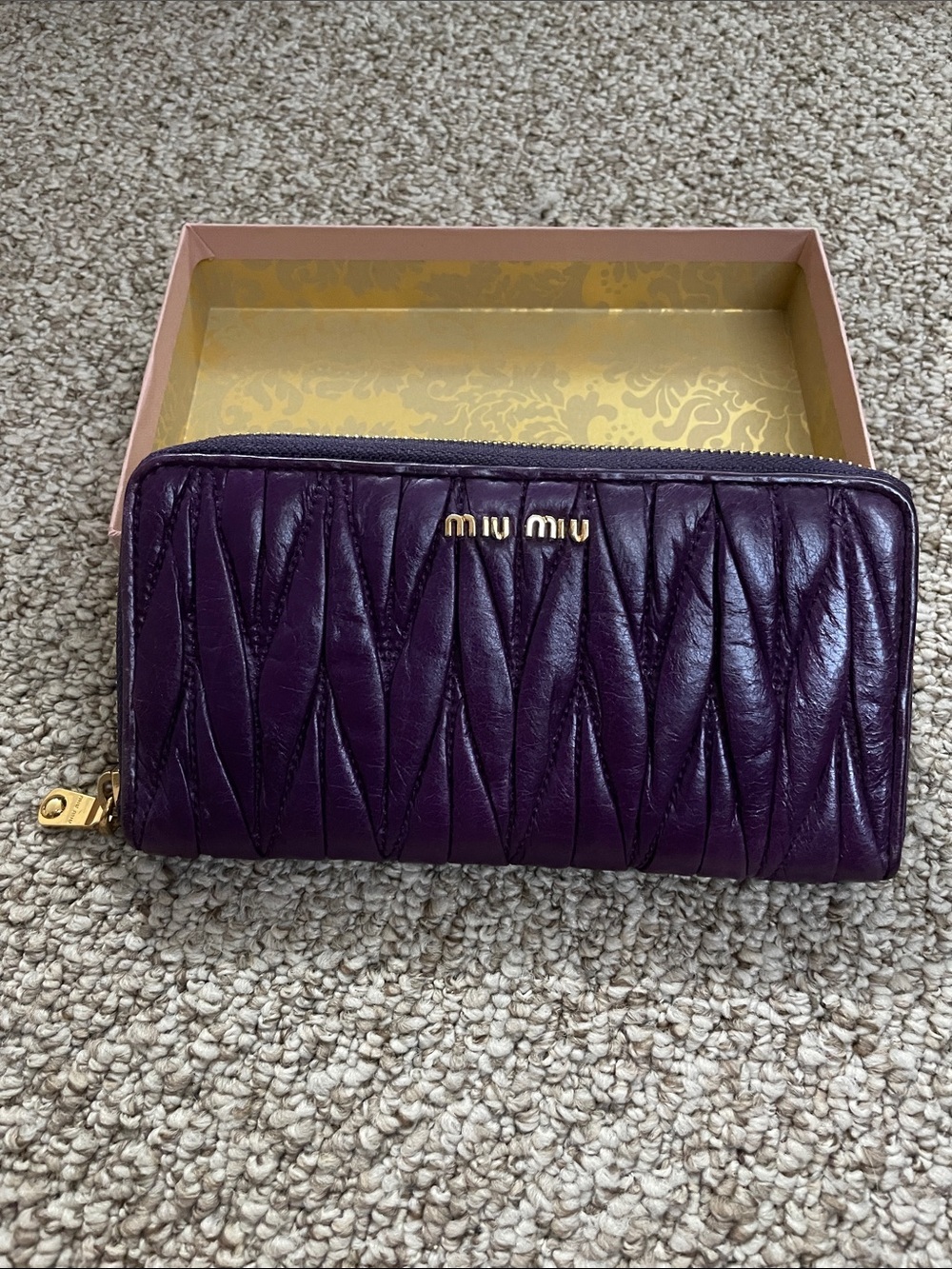 Miu Miu Deep Purple Quilted Zip-Around Wallet with Gold Hardware